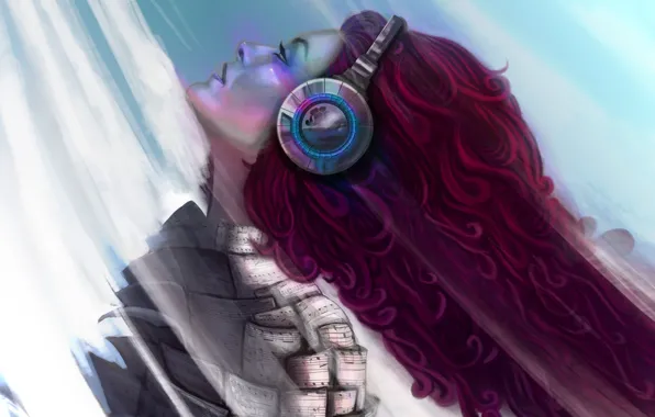 Картинка девушка, музыка, наушники, арт, профиль, красные волосы