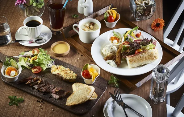 Кофе, рыба, мясо, овощи, блюда, ассорти