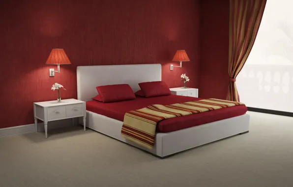 Красный, дизайн, мебель, кровать, интерьер, Red, bedroom, lamp