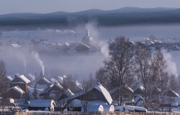 Картинка зима, снег, пейзаж, природа, туман, дома, деревня, мороз