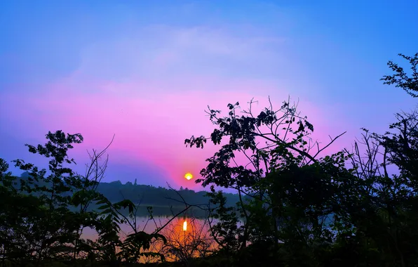 Sun, Water, Sunrise, Dawn, Morning, Lake, Trees, Reflection