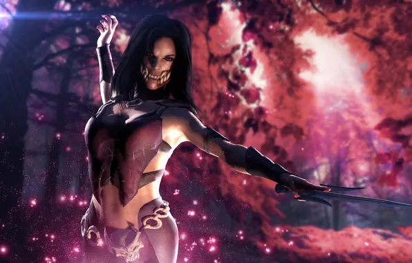 Девушка, рендеринг, боец, mortal kombat, sai, Mileena, саи