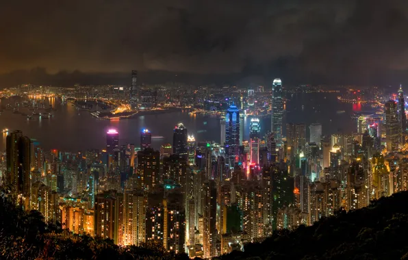 Картинка ночь, река, окна, Гонконг, небоскребы, неон