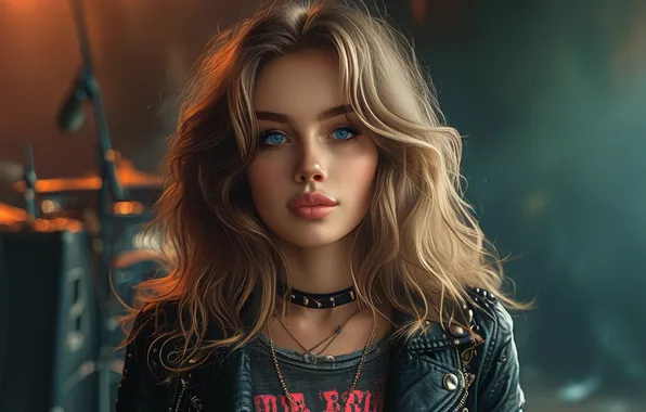 Взгляд, девушка, портрет, макияж, футболка, голубые глаза, джинсовка, цепочки