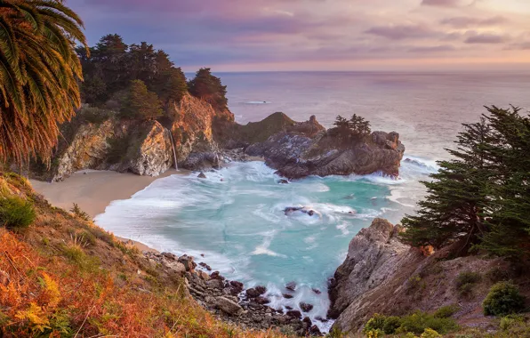 Море, деревья, скалы, водопад, Калифорния, США, Julia Pfeiffer Burns State Park