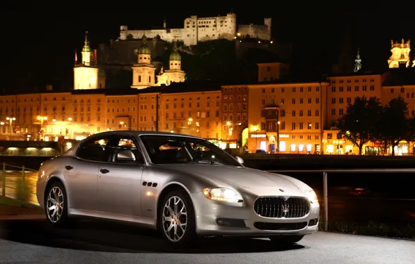 Картинка машина, ночь, Maserati, серебристая, Quattroporte S