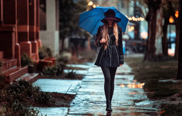 Картинка девушка, дождь, улица, зонт, походка, Rainy day