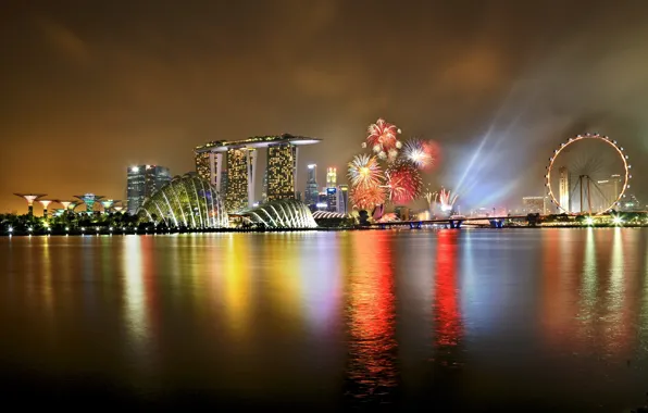 Картинка небо, ночь, город, огни, праздник, колесо, подсветка, Сингапур