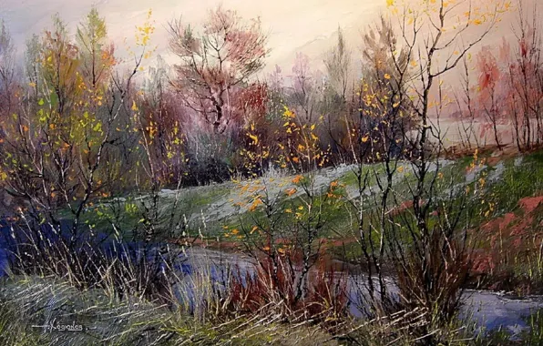 Картинка осень, пейзаж, река, пасмурно, картина, утро, день, живопись