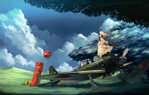 Трава, облака, самолет, дерево, ветер, знак, длинные волосы, touhou