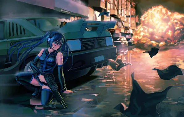 Картинка девушка, взрыв, ночь, оружие, улица, автомобиль, vocaloid, hatsune miku