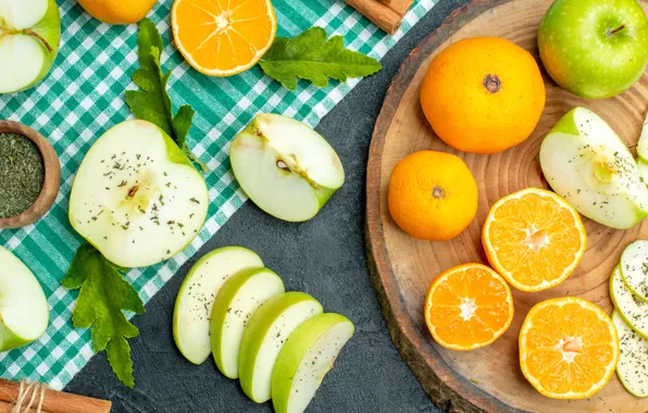 Листья, стол, яблоки, полотенце, апельсины, зеленые, фрукты, корица