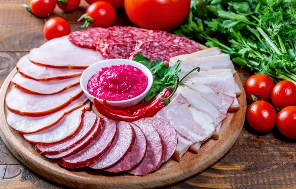Мясо, перец, овощи, помидоры, колбаса, ветчина