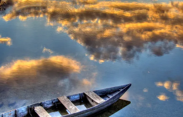 Картинка облака, отражение, Лодка