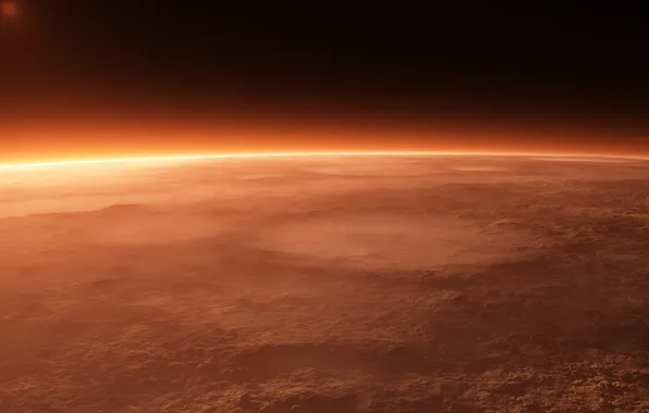 Картинка поверхность, восход, пыль, атмосфера, горизонт, марс, кратеры
