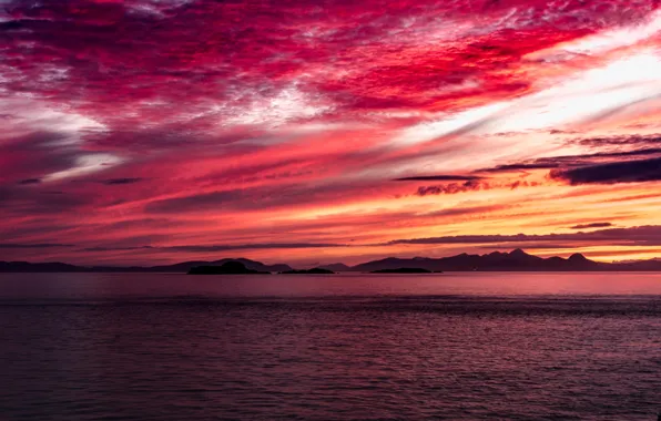 Картинка море, облака, пейзаж, горы, зарево