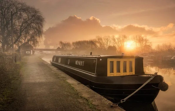 Картинка туман, лодка, Англия, утро, Соли
