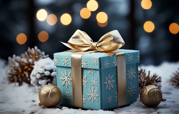 Картинка gift box, Новый Год, подарки, snow, зима, blue, снежинки, Christmas