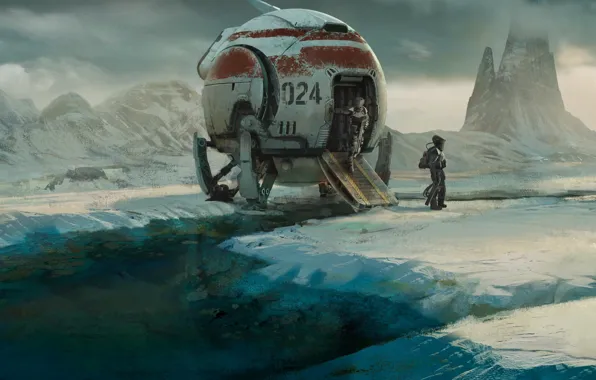 Картинка ice, fantasy, science fiction, mountains, snow, spaceship, sci-fi, planet