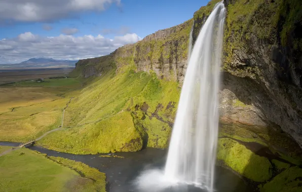 Горы, мост, природа, река, водопад, Исландия