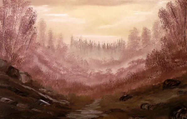 Картинка деревья, река, камни, нарисованный пейзаж