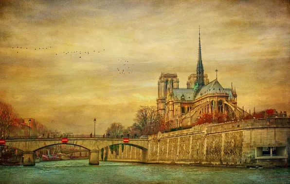 Картинка небо, птицы, мост, река, Франция, Париж, Сена, холст