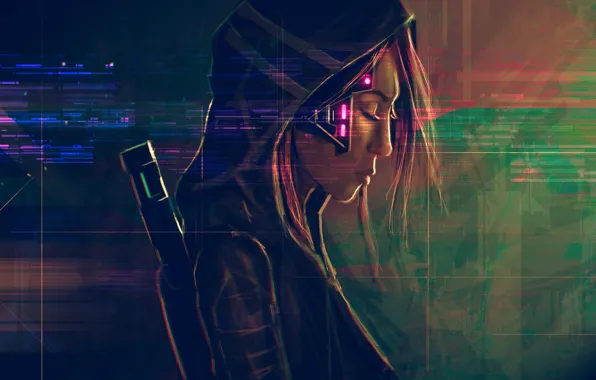 Картинка девушка, лицо, капюшон, art