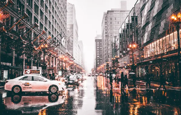 Машины, город, огни, люди, улица, Чикаго, США