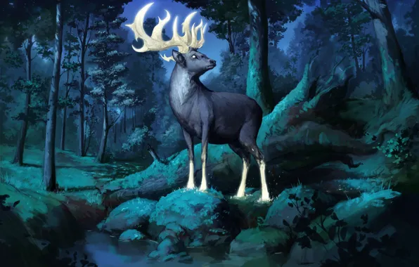 Картинка лес, олень, арт, рога, Deer, Nick Serpilov