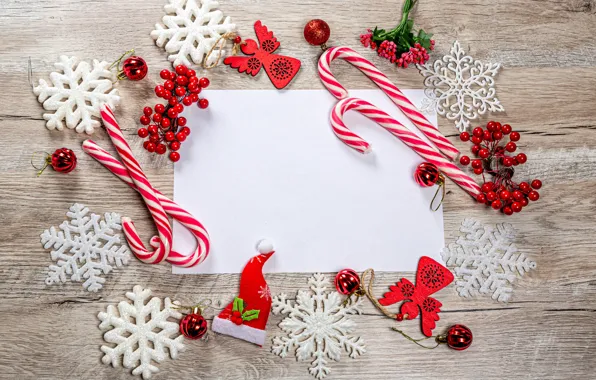 Шарики, снежинки, ягоды, Рождество, Новый год, леденцы, лист бумаги