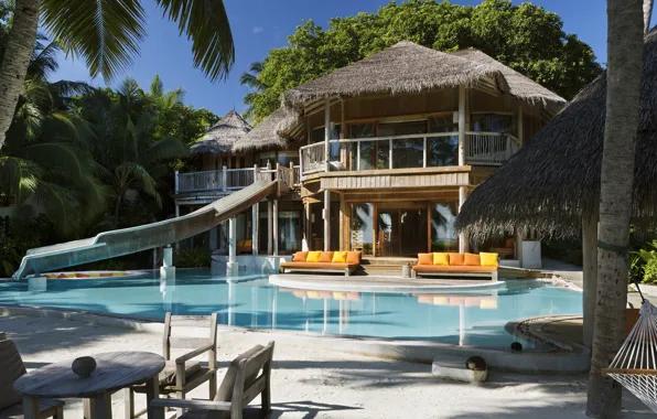 Пальмы, вилла, бассейн, Мальдивы, терраса, Maldives, Soneva Fushi
