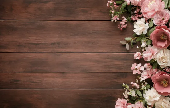 Листья, цветы, доски, текстура, розовые, композиция, букеты, ИИ-арт