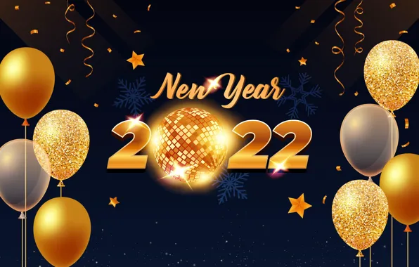 Воздушные шары, золото, цифры, Новый год, golden, черный фон, new year, happy