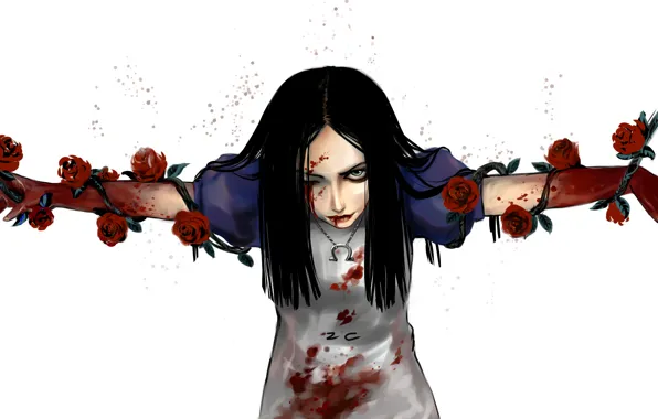 Взгляд, девушка, цветы, кровь, арт, Алиса, Alice, Alice Madness Returns