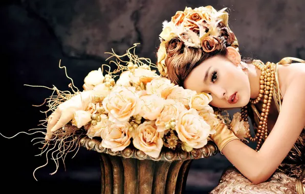 Девушка, украшения, цветы, модель, розы, платье, прическа, азиатка