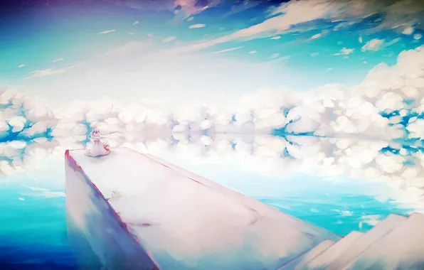 Картинка небо, вода, девушка, облака, мост, отражение, океан, аниме
