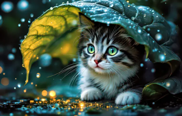 Кошка, взгляд, капли, свет, ночь, огни, поза, котенок
