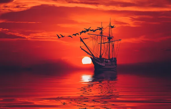 Море, небо, птицы, гладь, корабль, штиль