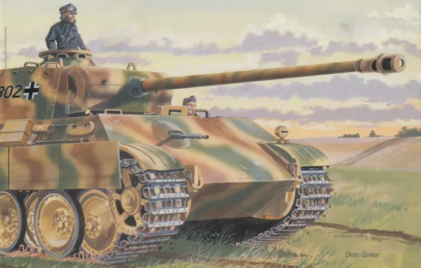 Рисунок, танк, Вторая мировая война, немецкий, средний, танкисты, &ampquot;Пантера&ampquot;
