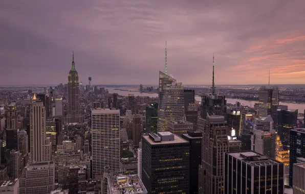 Картинка город, река, Нью-Йорк, небоскребы, сумерки, New York City