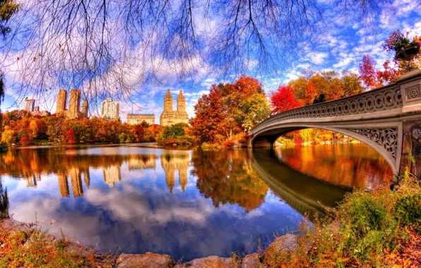 Картинка осень, листья, вода, деревья, мост, природа, парк, отражение