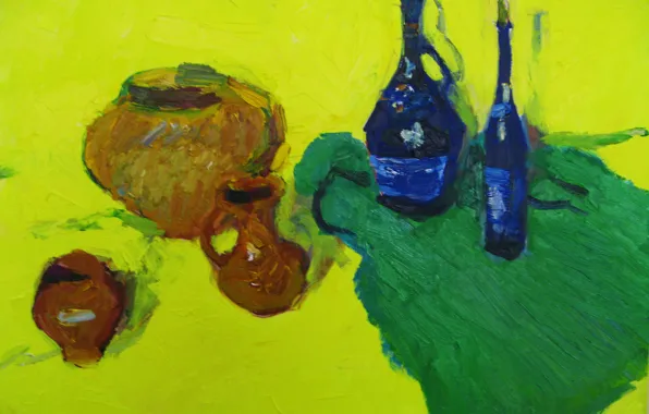 Картинка вино, 2008, натюрморт, кувшины, жёлтый фон, Петяев, зелёная ткань