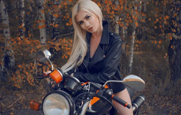 Картинка осень, взгляд, девушка, куртка, блондинка, мотоцикл, Таня Касумян, Рашид Фатыков