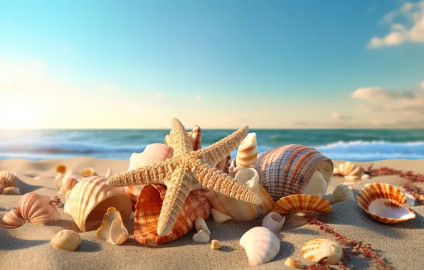 Песок, море, пляж, звезда, ракушки, beach, sea, sand