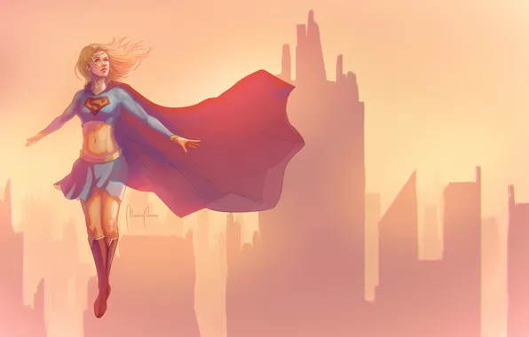 Картинка девушка, полет, закат, здания, минимализм, Supergirl