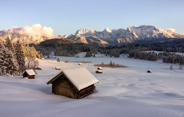 Картинка зима, горы, дома
