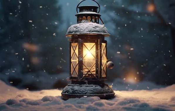 Зима, снег, ночь, Рождество, фонарь, Новый год, Christmas, night