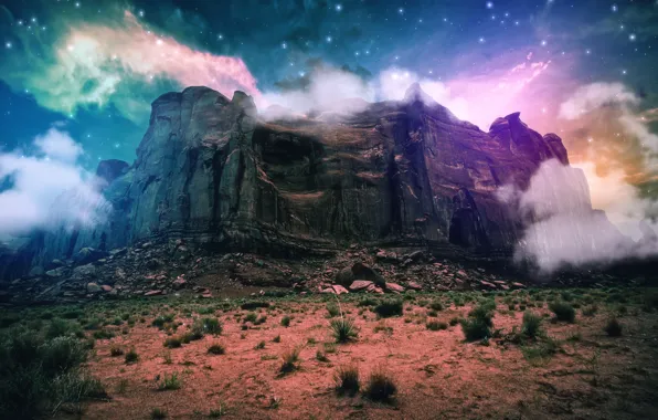 Картинка песок, космос, облака, скала, фентези, камни, фантастика, гора