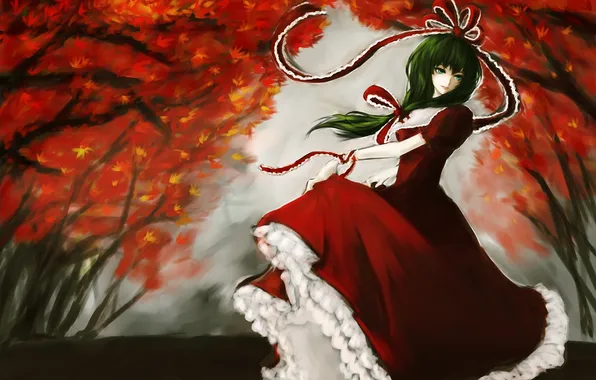 Картинка осень, девушка, деревья, рисунок, платье, лента, touhou, kagiyama hina