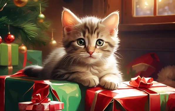 Кошка, взгляд, поза, котенок, Рождество, подарки, милый, Новый год